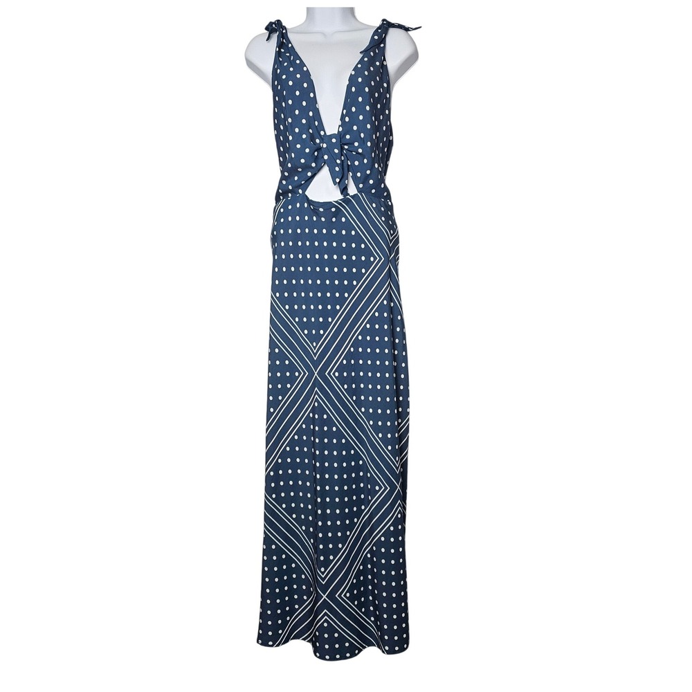 Abercrombie & Fitch Maxi Dress Womens XL Navy Polka Dot Cutout Tie Resort Summer - Picture 2 of 11